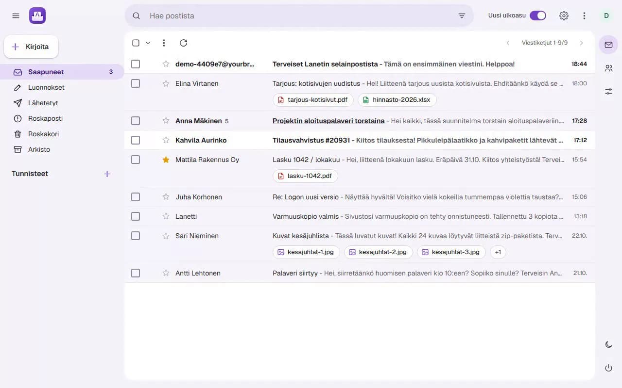Lanetti Webmailin saapuneet-näkymä, liitteet korttina