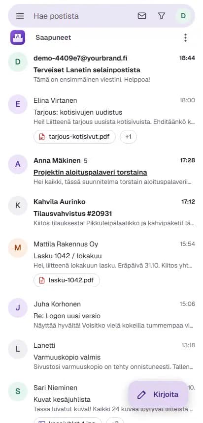 Lanetti Webmailin saapuneet puhelimessa