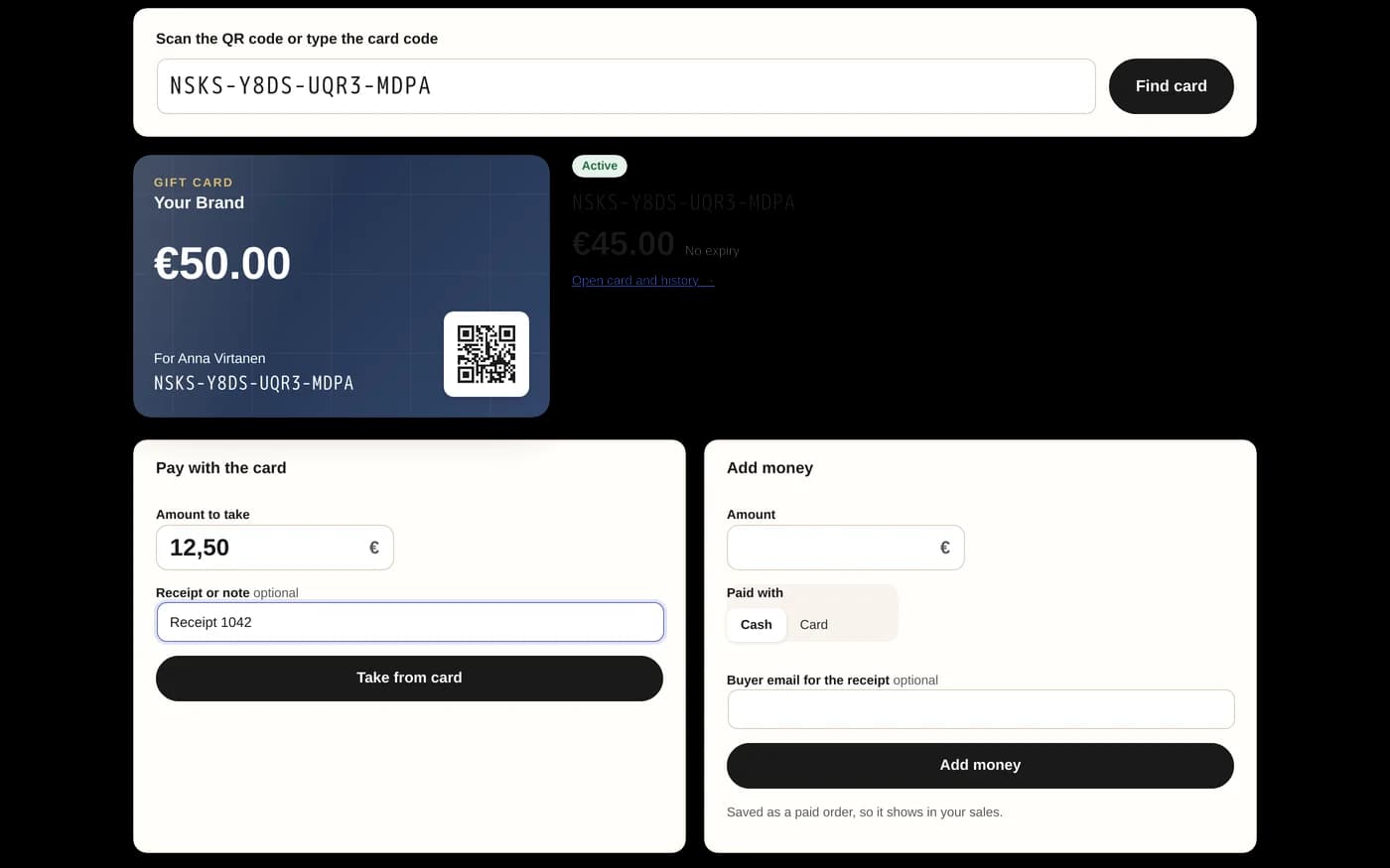 Till with a scanned gift card