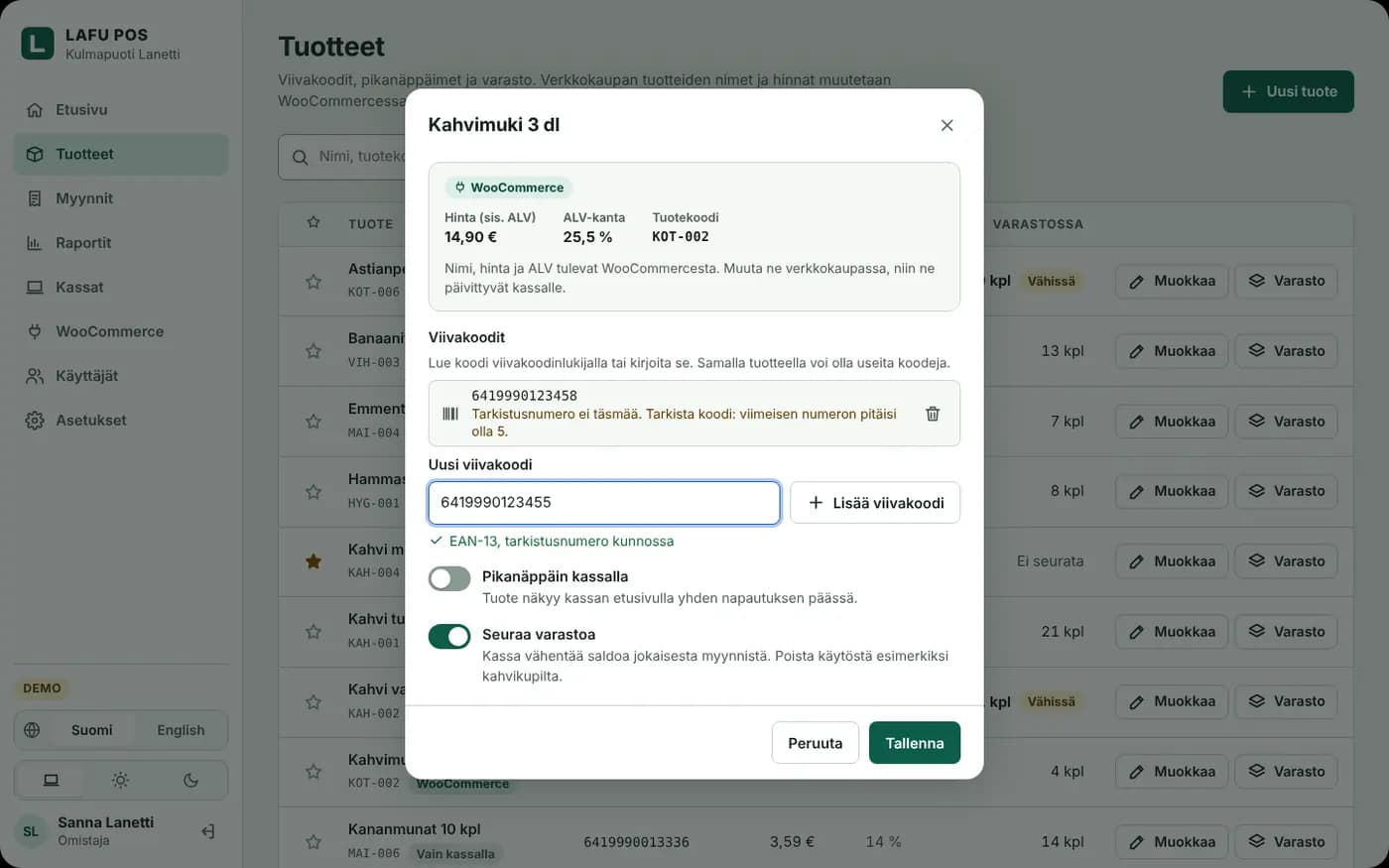 Tuote WooCommerce-hinnalla, ALV-kannalla ja EAN-13-viivakoodeilla