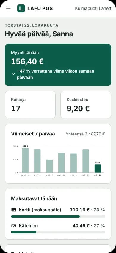 Hallintanäkymä puhelimessa: päivän myynti ja maksutavat