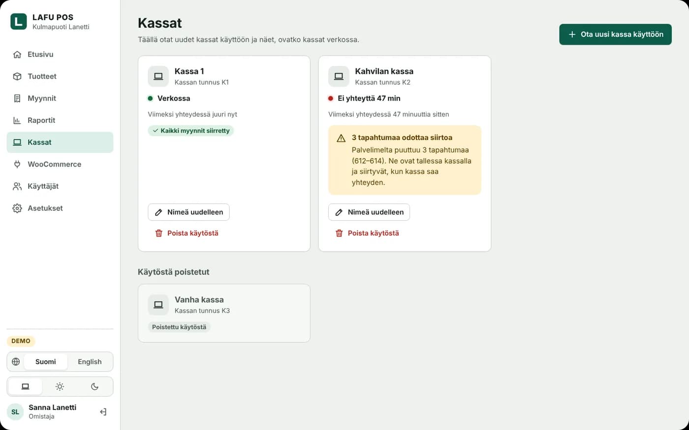 Kassat hallintanäkymässä: yksi verkossa, toinen ilman yhteyttä 47 minuuttia ja kolme myyntiä odottaa
