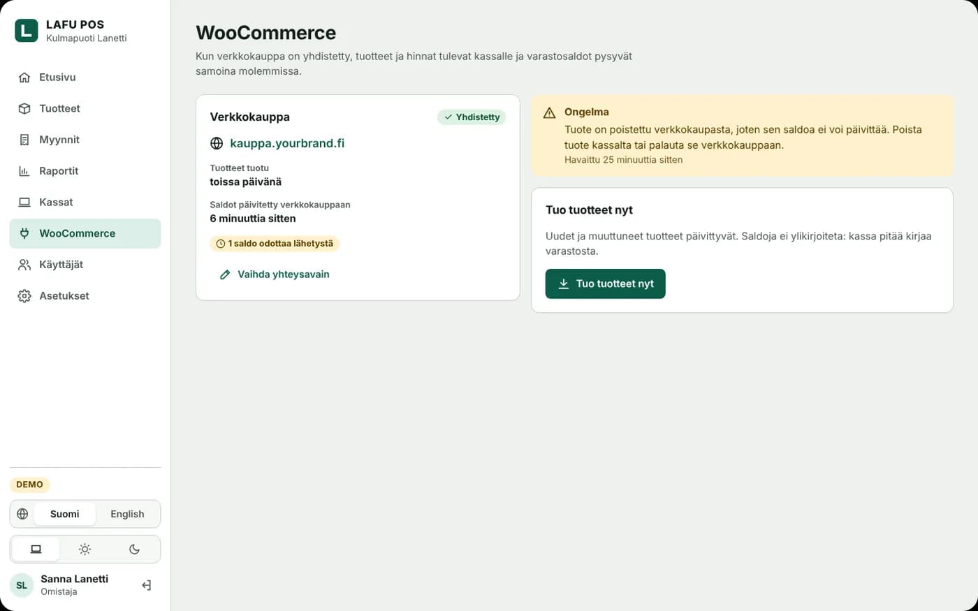 WooCommerce hallintanäkymässä: verkkokauppa yhdistetty, saldot päivitetty kuusi minuuttia sitten