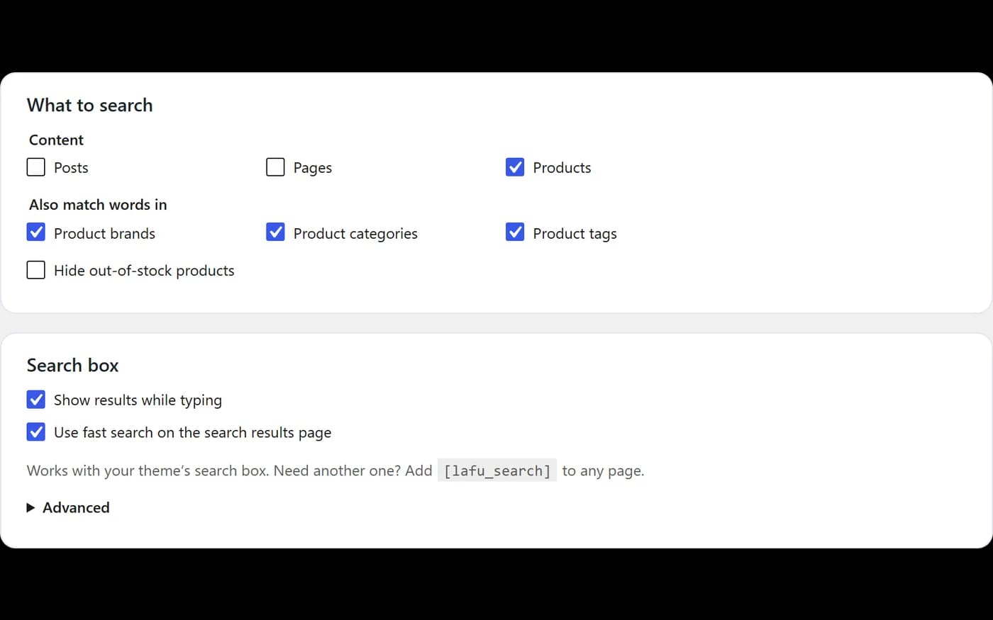 Settings: what to search and the search box options