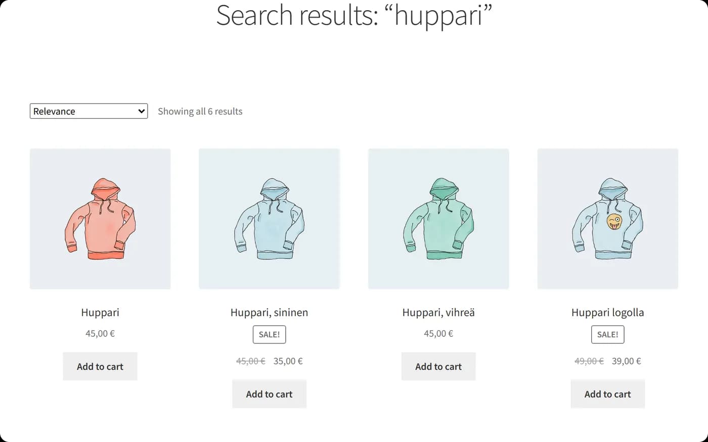 Search results page for huppari in the shop