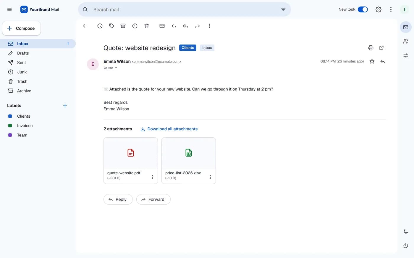 An email with its attachments as cards