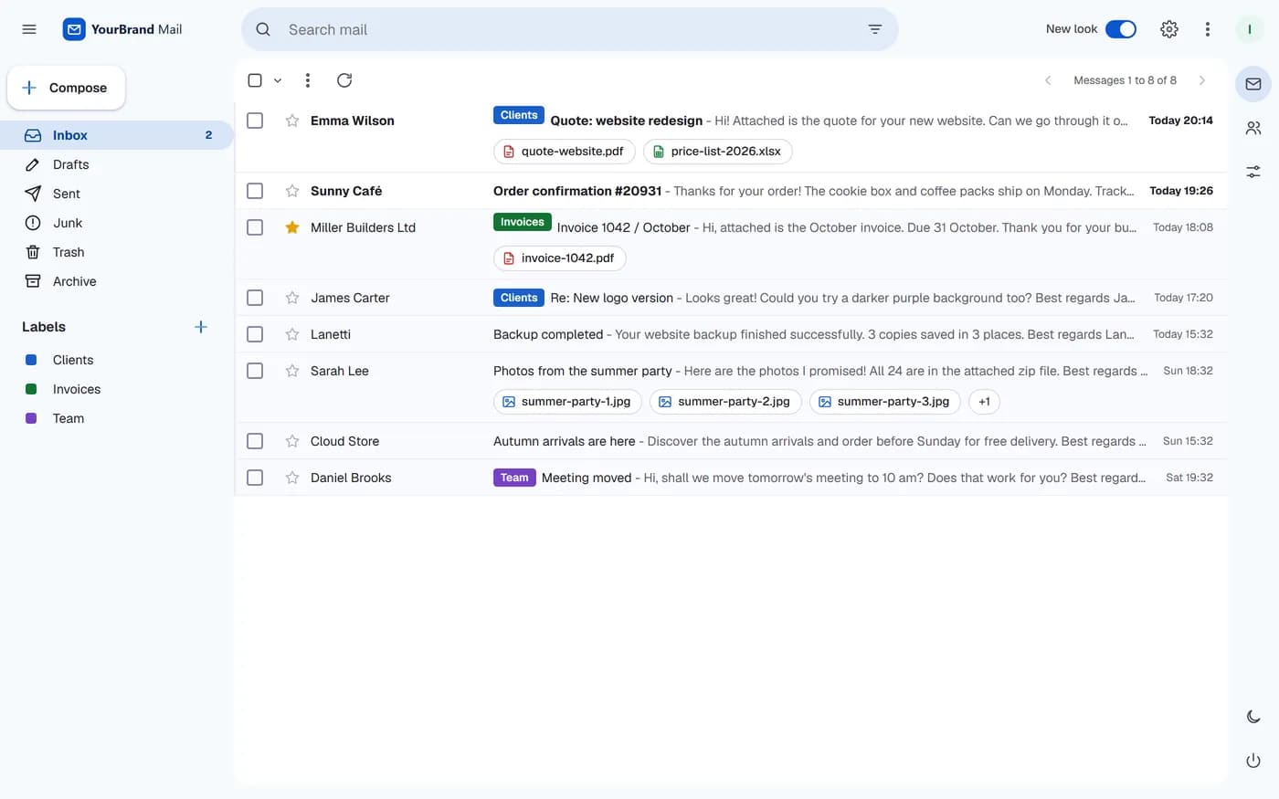 Inbox in the new look with labels and attachment chips