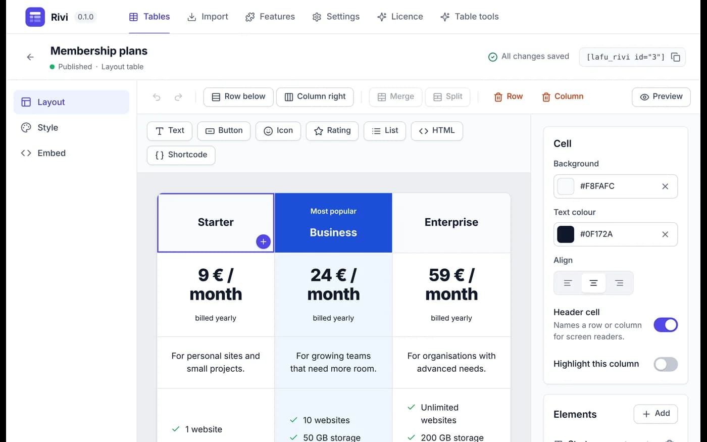 Layout mode: a pricing table with merged cells, buttons and lists