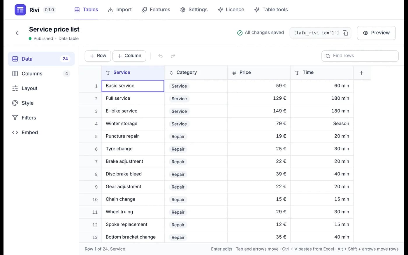 The table editor: edit cells like a spreadsheet, every change saved