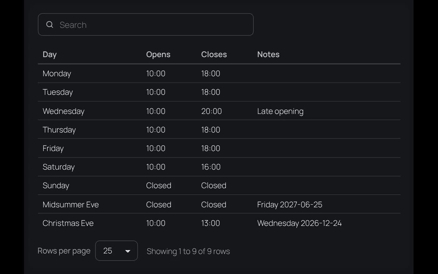 Opening hours in dark mode