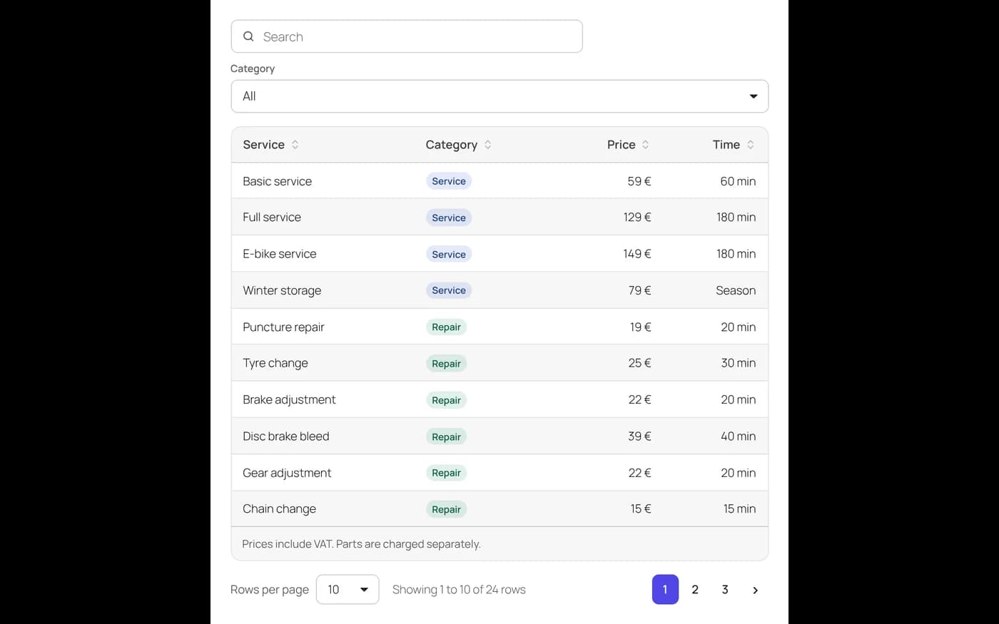 A service price list on a page, with search, a category filter and paging