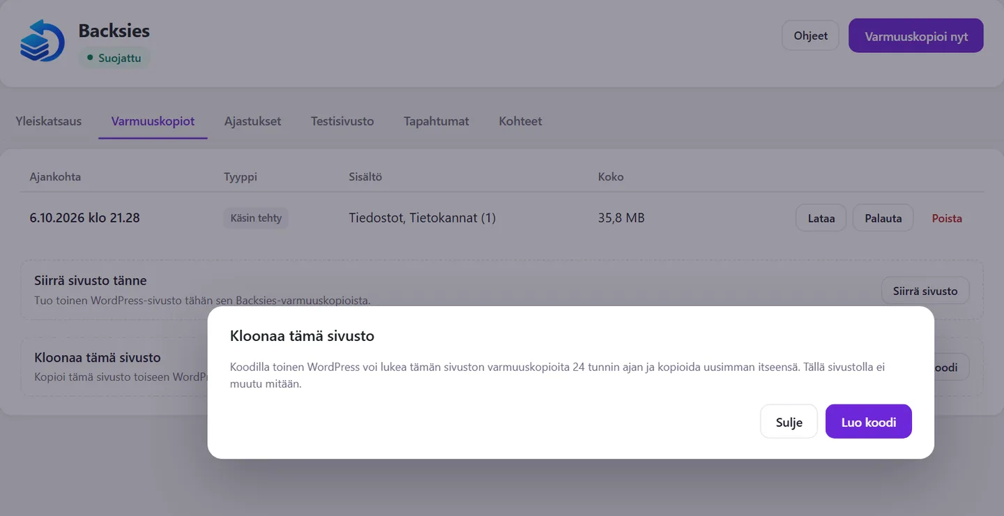 Backsiesin Kloonaa tämä sivusto -ikkuna