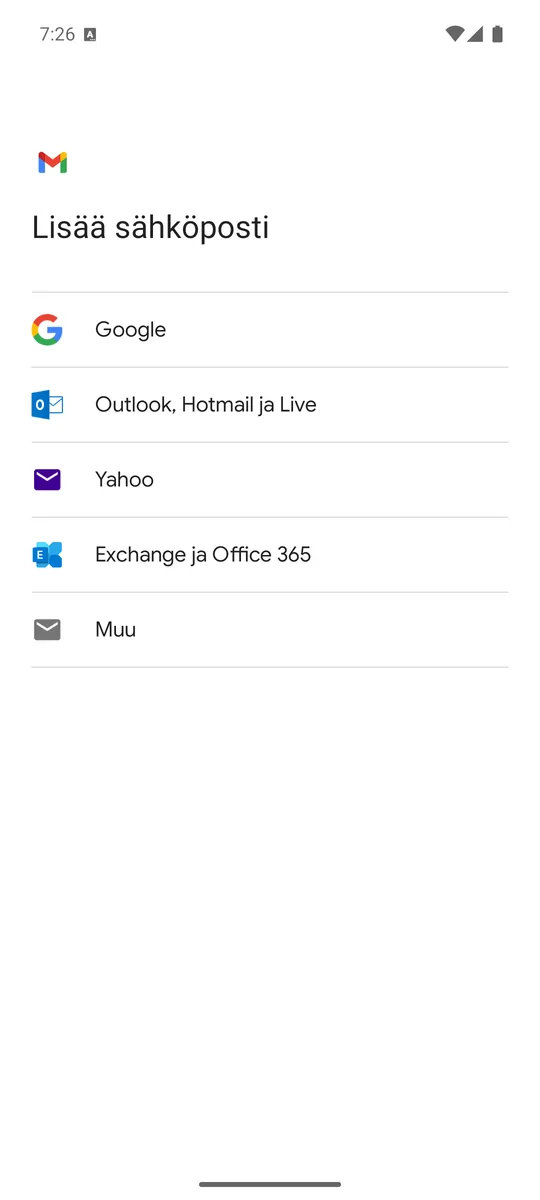 Lisää sähköposti: valitse Muu