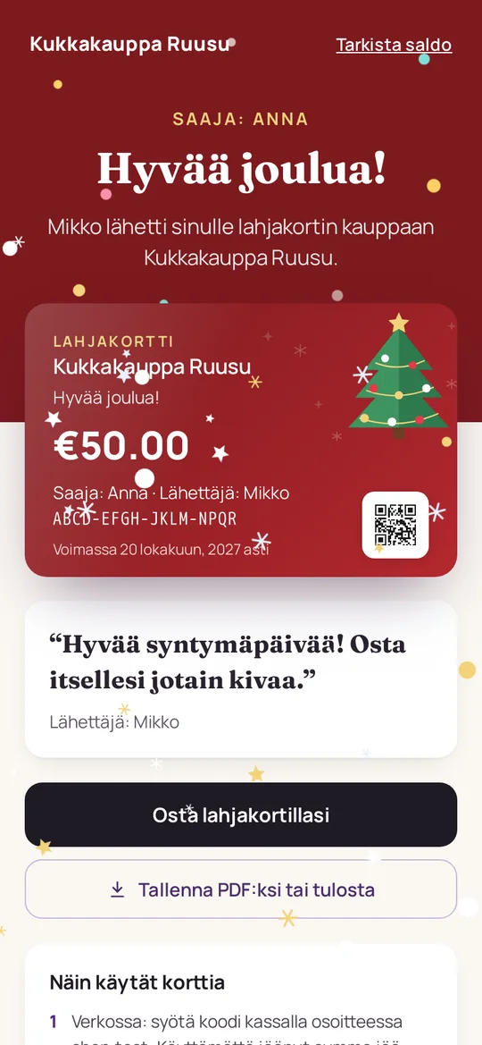 Lahjakorttisivu