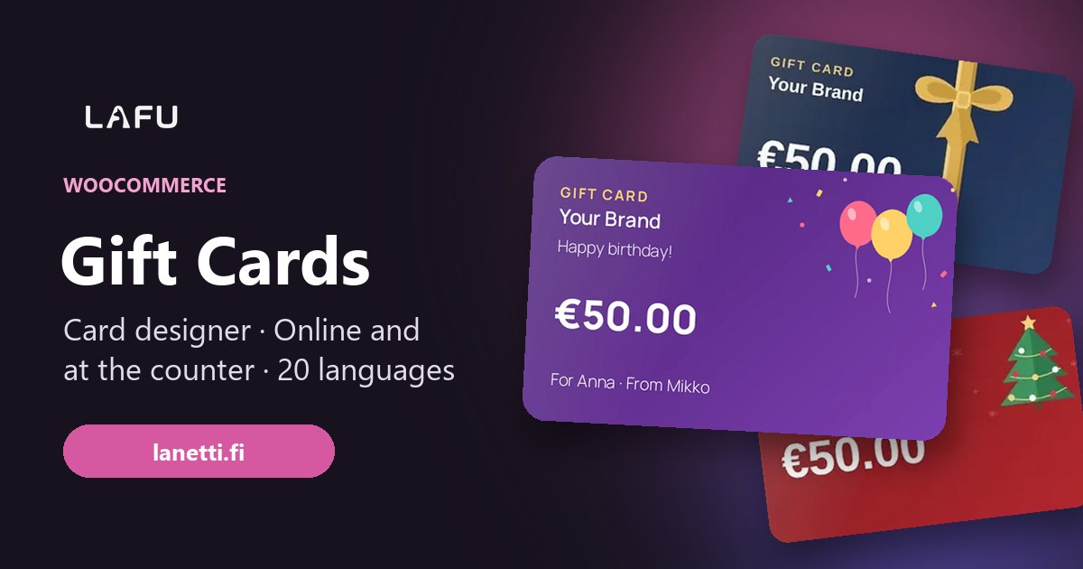 LAFU Gift Cards: lahjakorttien ulkoasuja WooCommerceen