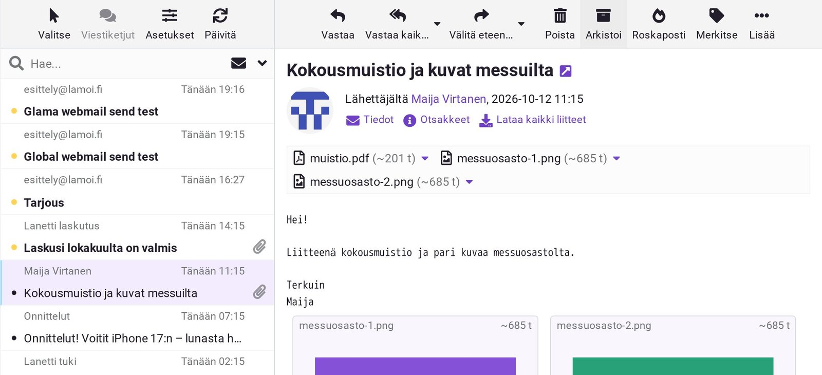 Arkistoi-painike Lanetti Webmailin työkalurivillä