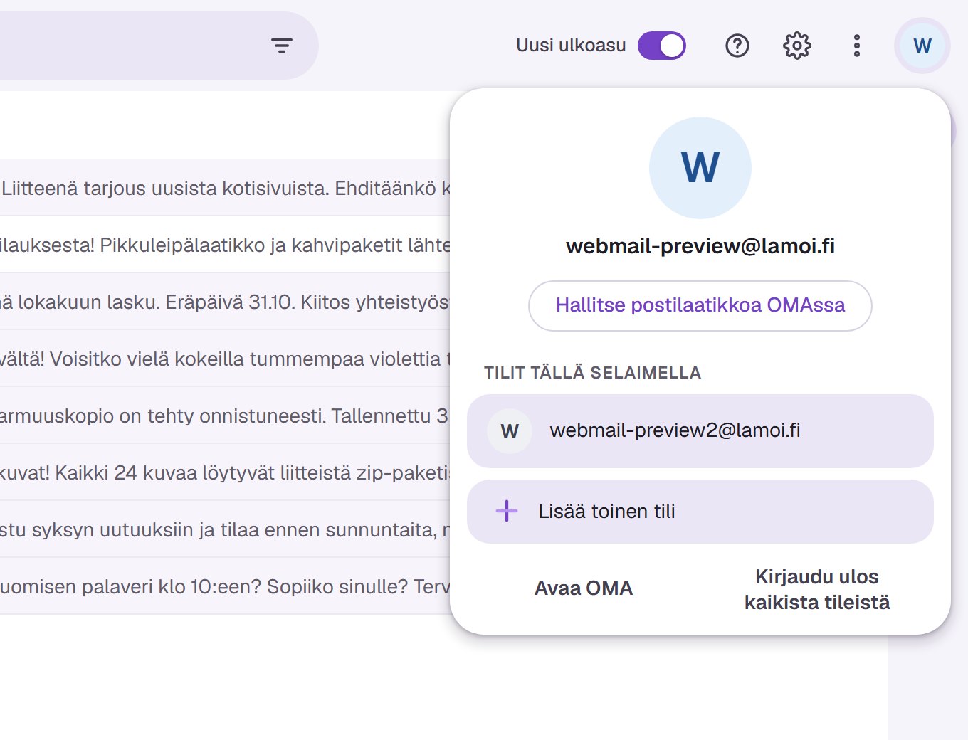 Tilivalikko, jossa kaksi postilaatikkoa