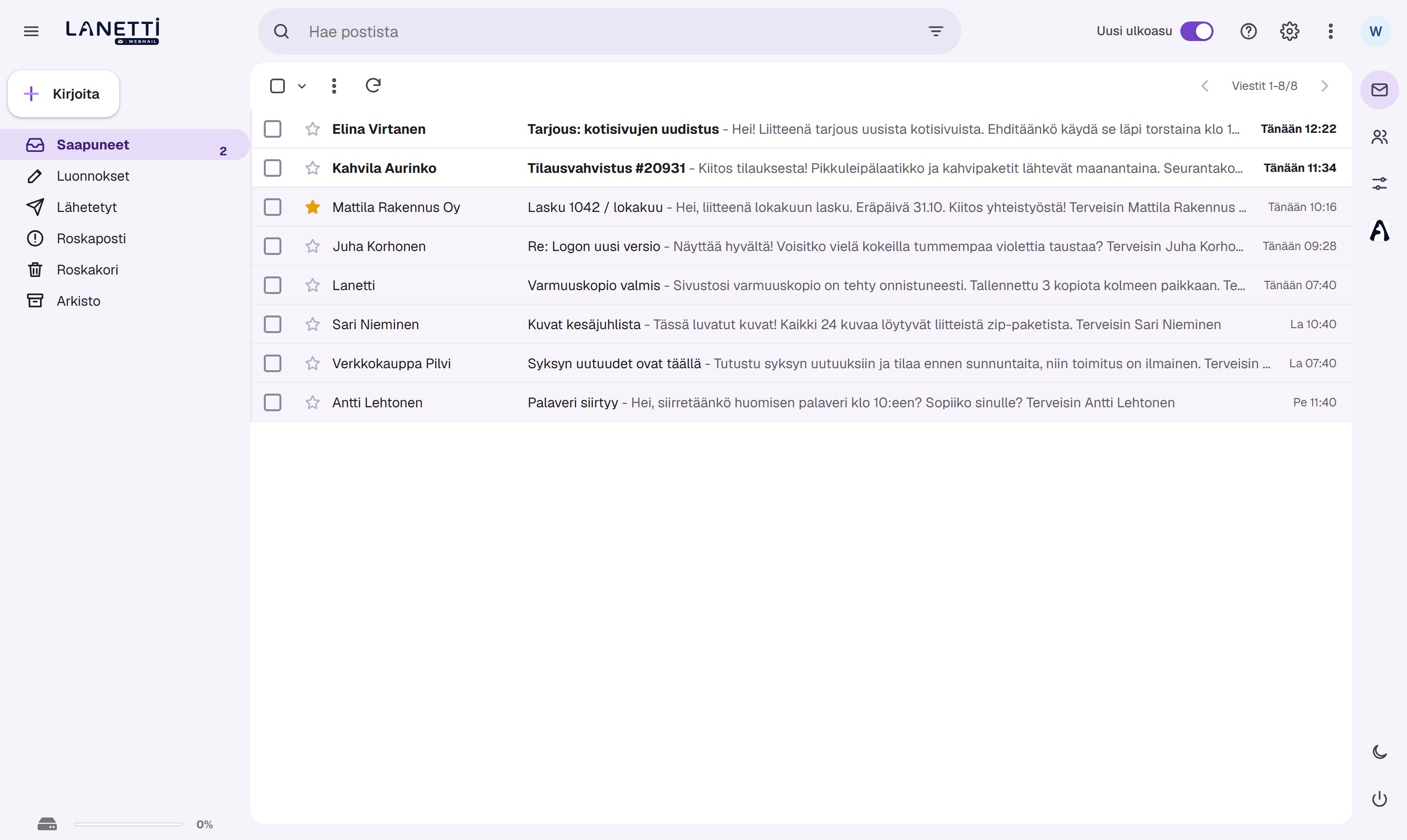 Lanetti Webmailin uusi ulkoasu: saapuneet viestit selkeänä listana